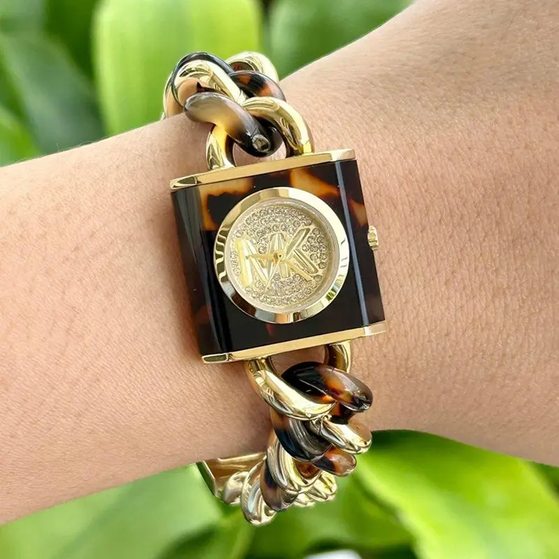 Michael Kors Chain Lock Tortoiseshell Acetate Chain Ladies Watch- MK4808